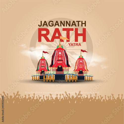 illustration of Lord Jagannath, Balabhadra and Subhadra on annual Ratha Yatra in Odisha festival background
