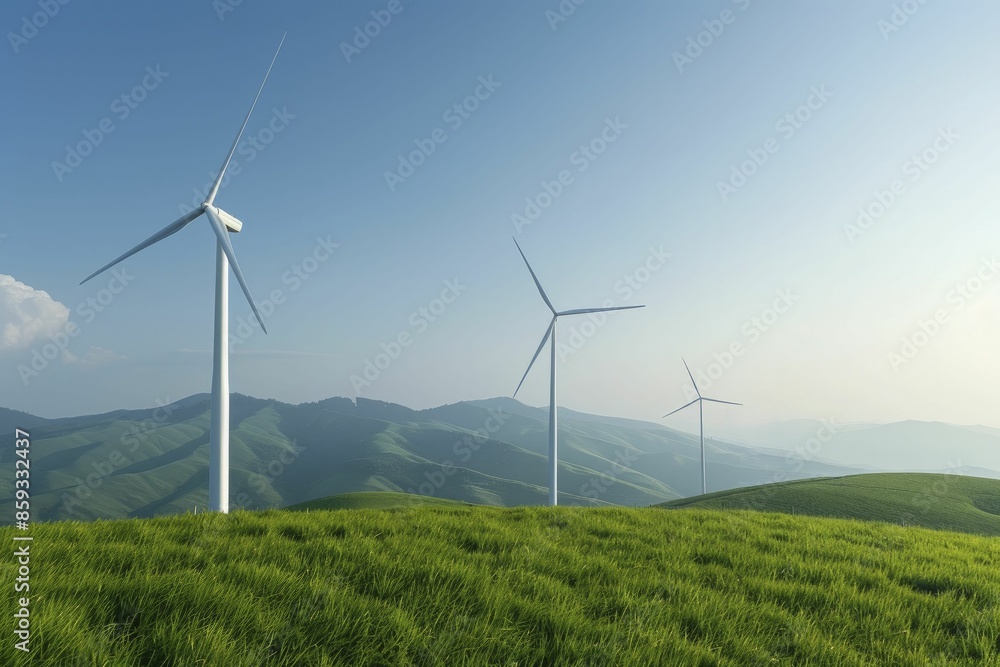 Green energy wind turbines set against a clear sky, symbolizing the power and potential of renewable energy Green energy wind turbines set against a clear sky, symbolizing the power and potential of renewable energy