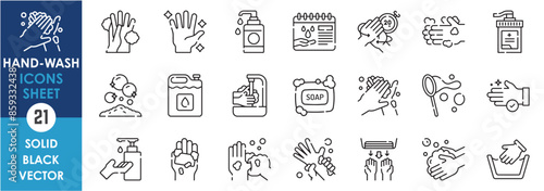 A set of line icons related to handwash. Hand Washing, soap, sanitizer, drier, steps, soap bubbles, and so on. Vector outline icons set.