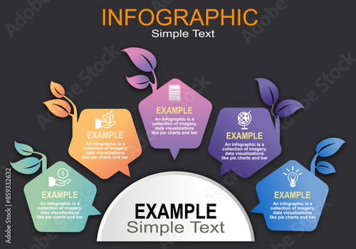 Vector interior graphic with semicircular pentagon shape with colorful leaves on a gray-black background, modern style for presentations in education, banking, management, work planning, timeline.
