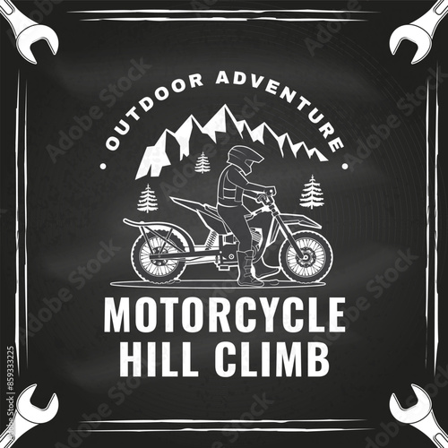 Motorcycle hill climb logo, badge, sticker on the chalkboard. Vector illustration. Extreme sport with motorbike for extreme jump and race in mountains. Monochrome style man riding in helmet on a
