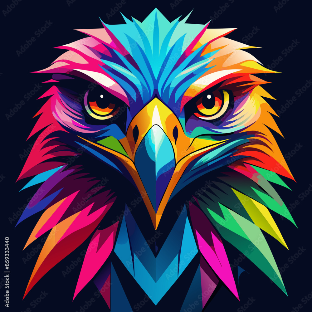 Fototapeta premium green, blue, black, magenta, orange, yellow eagle face on black background