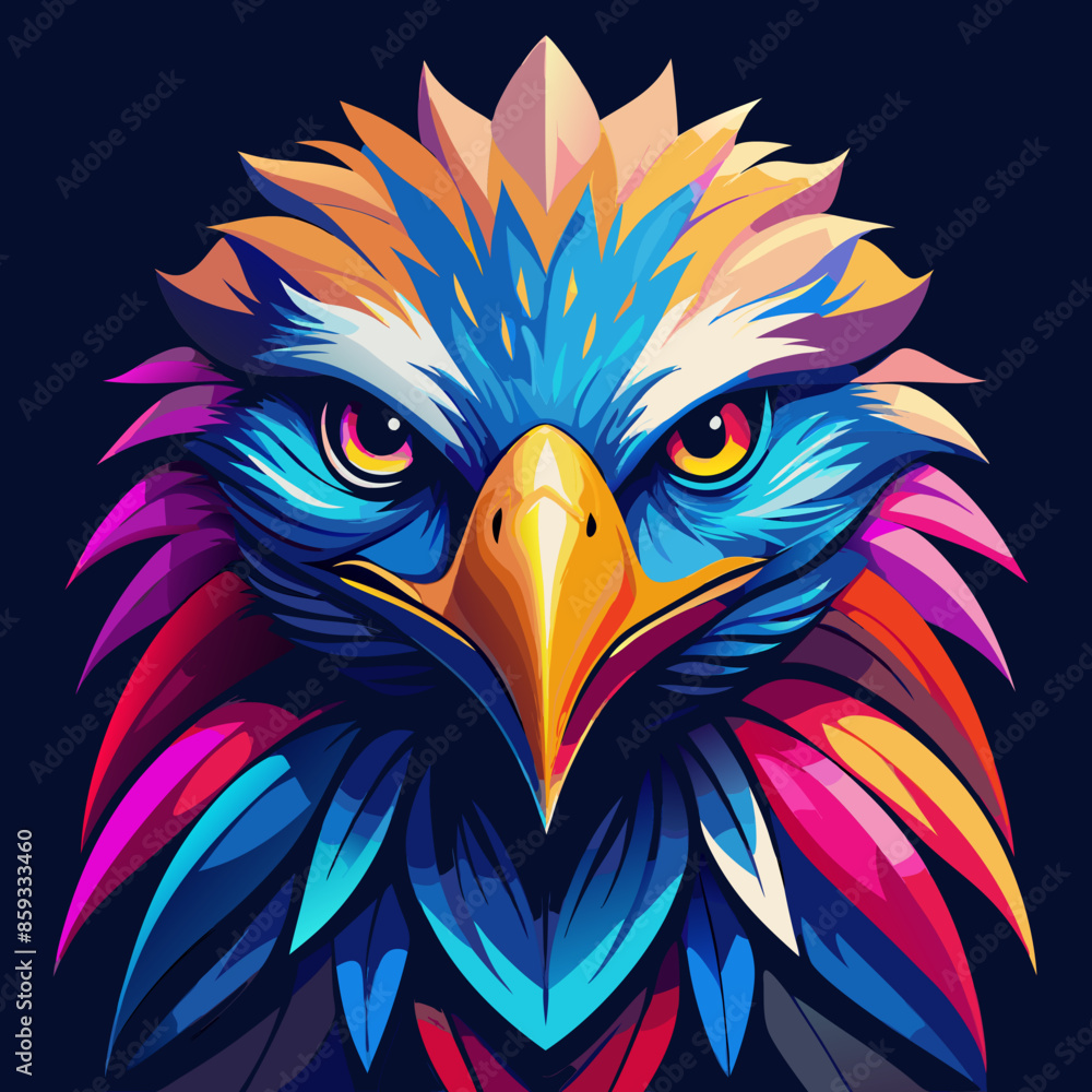 green, blue, black, magenta, orange, yellow eagle face on black background green, blue, black, magenta, orange, yellow eagle face on black background
