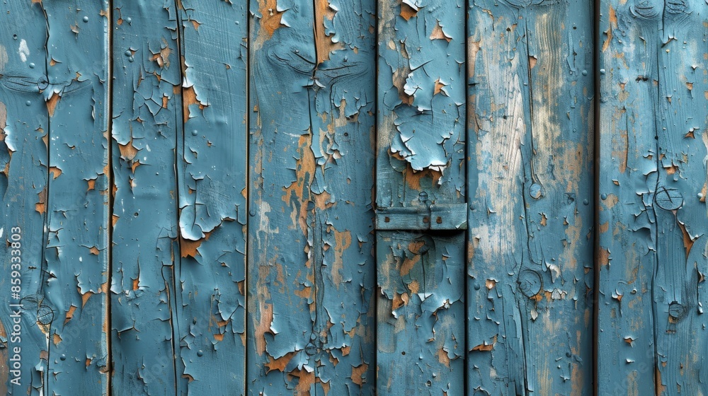 Old wooden fence with peeling blue paint, rustic texture background. Old wooden fence with peeling blue paint, rustic texture background.