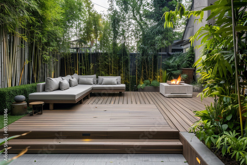 A backyard with a sleek wooden deck, a minimalist outdoor sofa, and a fire pit, surrounded by tall green plants and modern decor.