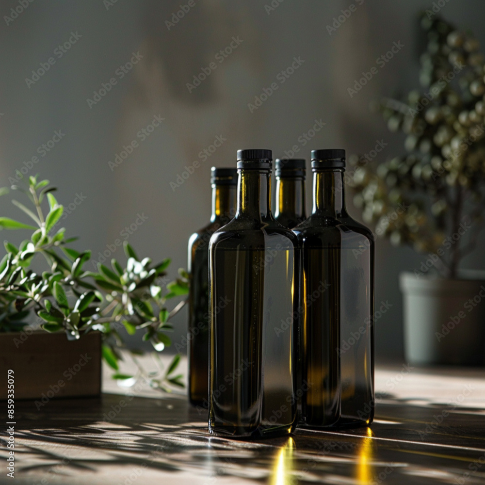 dark olive Oil bottles on a table, natural lighting, daylight dark olive Oil bottles on a table, natural lighting, daylight