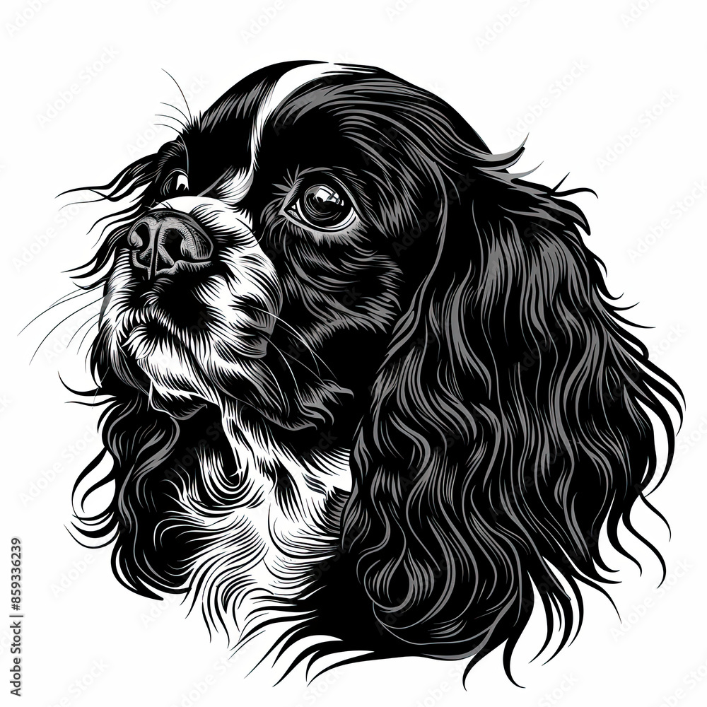 A black and white drawing of a Cavalier King Charles Spaniel dog A black and white drawing of a Cavalier King Charles Spaniel dog