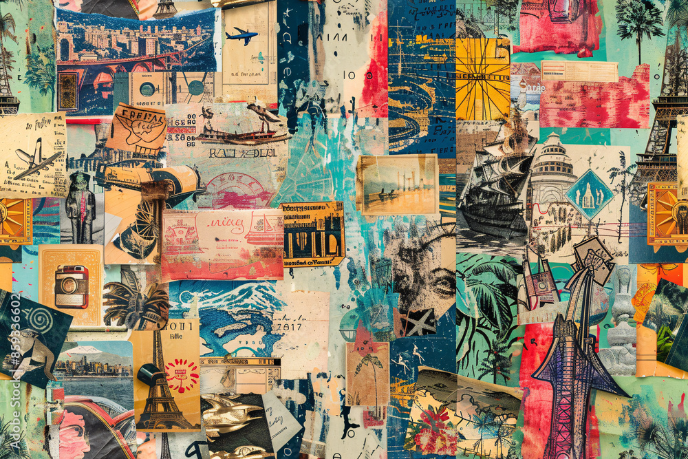 Fototapeta premium Wanderlust Memories - Collage of Travel Experiences and Souvenirs Pattern Wallpaper