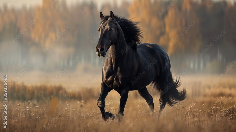 A majestic black horse grazing in a lush green field. A majestic black horse grazing in a lush green field.