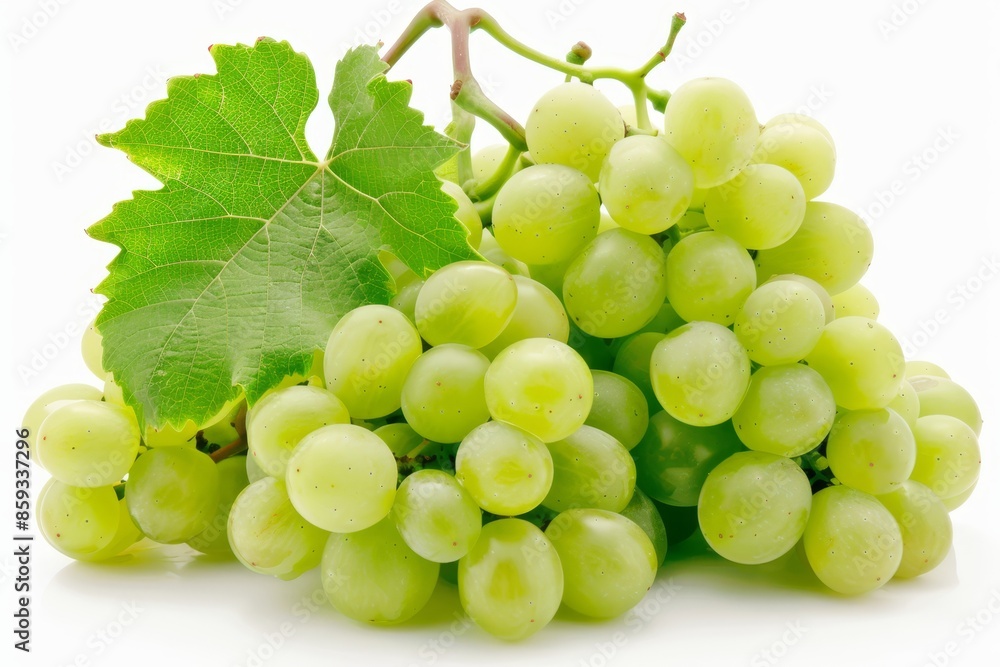 Fresh green grapes with a single vine leaf, showcasing vibrant colors and natural details, isolated on a white background. Fresh green grapes with a single vine leaf, showcasing vibrant colors and natural details, isolated on a white background.