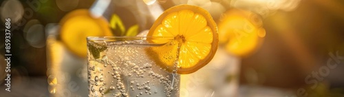 Refreshing summer drink with orange slice, ice, and sprig of mint in a glass, captured in natural sunlight.