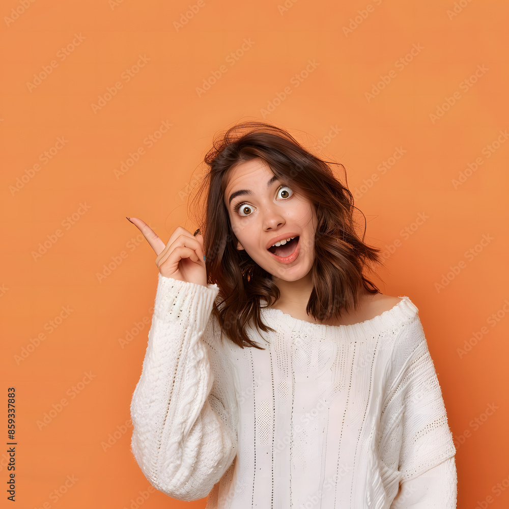 Close-up of standing woman pointing fingers and excited face on plain background. Close-up of standing woman pointing fingers and excited face on plain background.