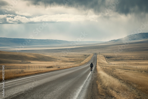 lone cyclist on a deserted road with a vast open landscape