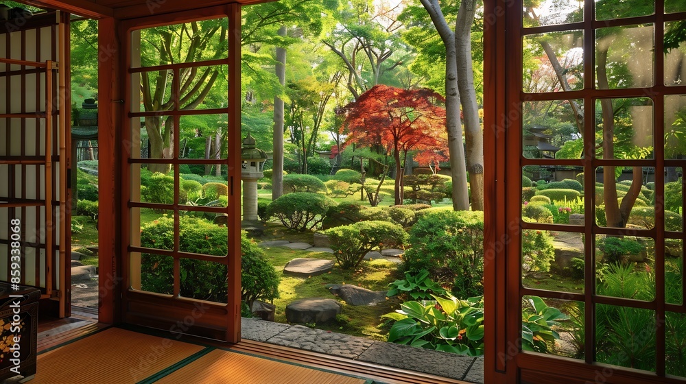 Japanese garden seen from the porch of the house : Generative AI Japanese garden seen from the porch of the house : Generative AI