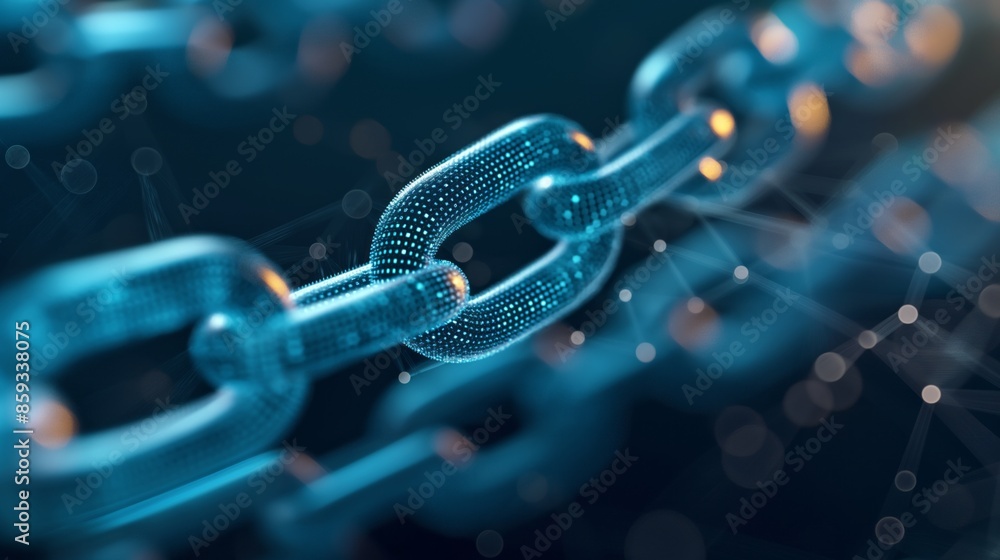 Glowing digital blockchain links on a dynamic blue background. Glowing digital blockchain links on a dynamic blue background.
