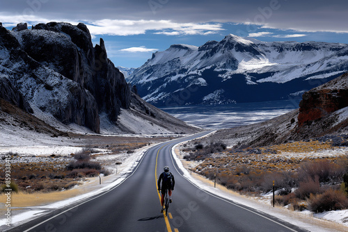 lone cyclist on a vast empty road with a clear sky