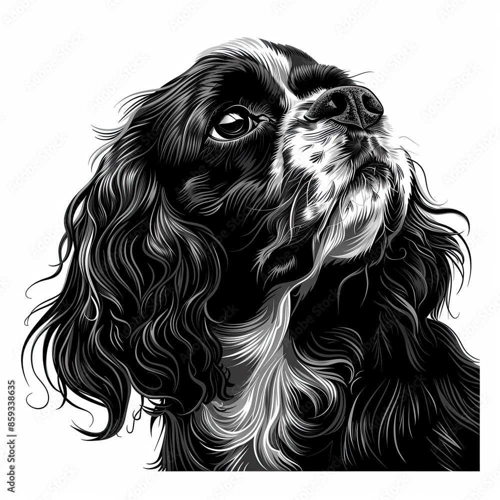 A black and white drawing of a cavalier king charles spaniel dog A black and white drawing of a cavalier king charles spaniel dog