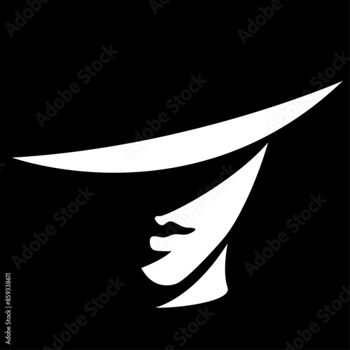 vector black and white illustration of a beautiful female face under a hat formed by a shadow. an elegant lady in a wide-brimmed hat, femme fatale. useful for advertising women's products, logo, print