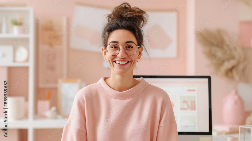 Woman working on computer in a cozy home office. Woman working on computer in a cozy home office.