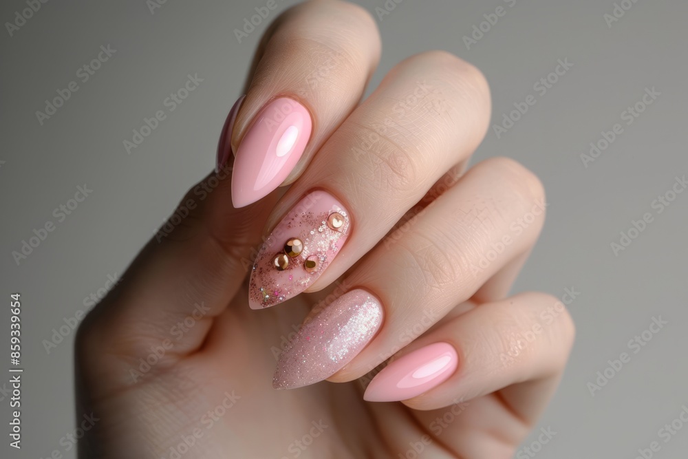 close-up of a hand with a beautiful cat manicure of pink pearl color on a light background, banner close-up of a hand with a beautiful cat manicure of pink pearl color on a light background, banner