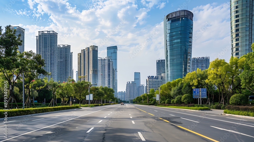 Fototapeta premium Skyscrapers by the road in the financial district Ningbo China : Generative AI