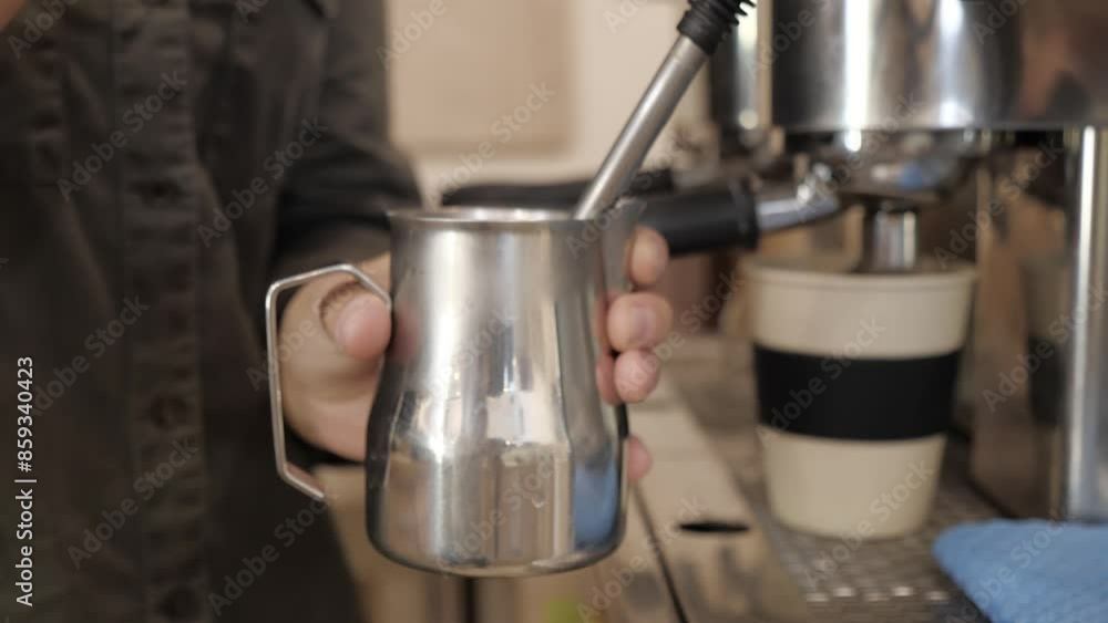 steaming milk. barista froths milk in a pitcher. preparation of cappuccino and latte on a professional coffee machine. Professional coffee brewing steaming milk. barista froths milk in a pitcher. preparation of cappuccino and latte on a professional coffee machine. Professional coffee brewing