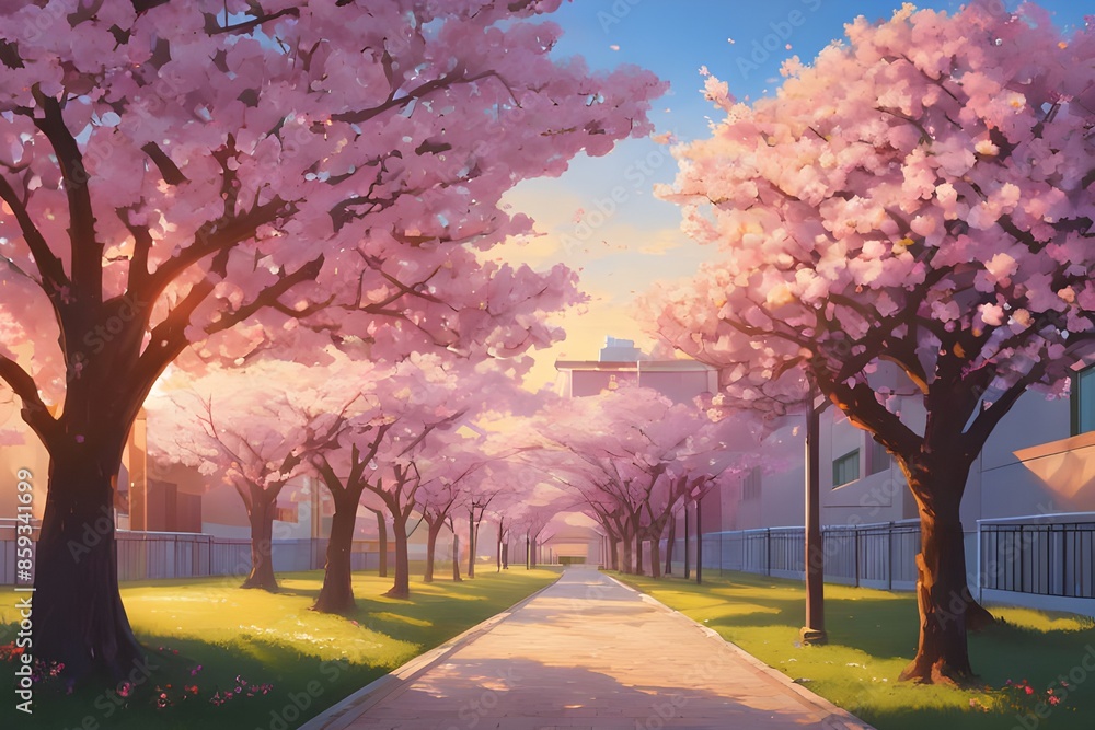 Cherry blossoms tree in the school yard During golden hour. Generative AI Illustration Cherry blossoms tree in the school yard During golden hour. Generative AI Illustration