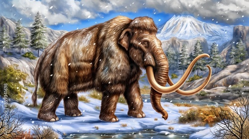 Illustration of a woolly mammoth in a snowy landscape with mountains and trees in the background, depicting prehistoric wildlife.
