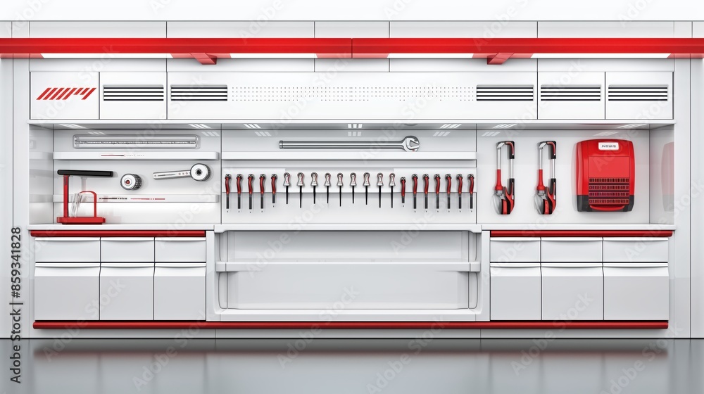 Modern, organized workshop tool storage system with various tools and cabinets, perfect for any industrial or garage setting. Modern, organized workshop tool storage system with various tools and cabinets, perfect for any industrial or garage setting.