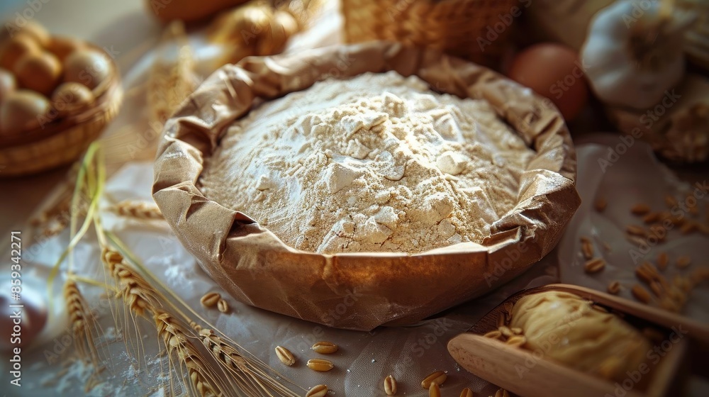 Rustic scene of a bowl filled with flour surrounded by fresh ingredients and grains, perfect for baking and cooking themes. Rustic scene of a bowl filled with flour surrounded by fresh ingredients and grains, perfect for baking and cooking themes.