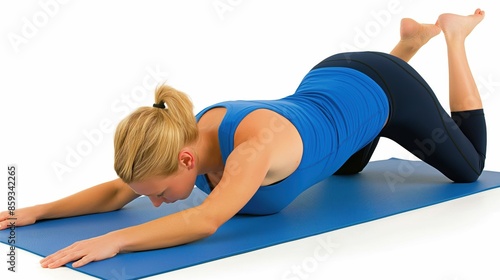 Woman practicing yoga pose on a blue mat, focus on flexibility and strength in indoor fitness setting, wearing blue and black workout attire.