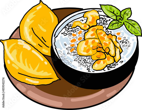sticky rice, durian, coconut milk, white background
