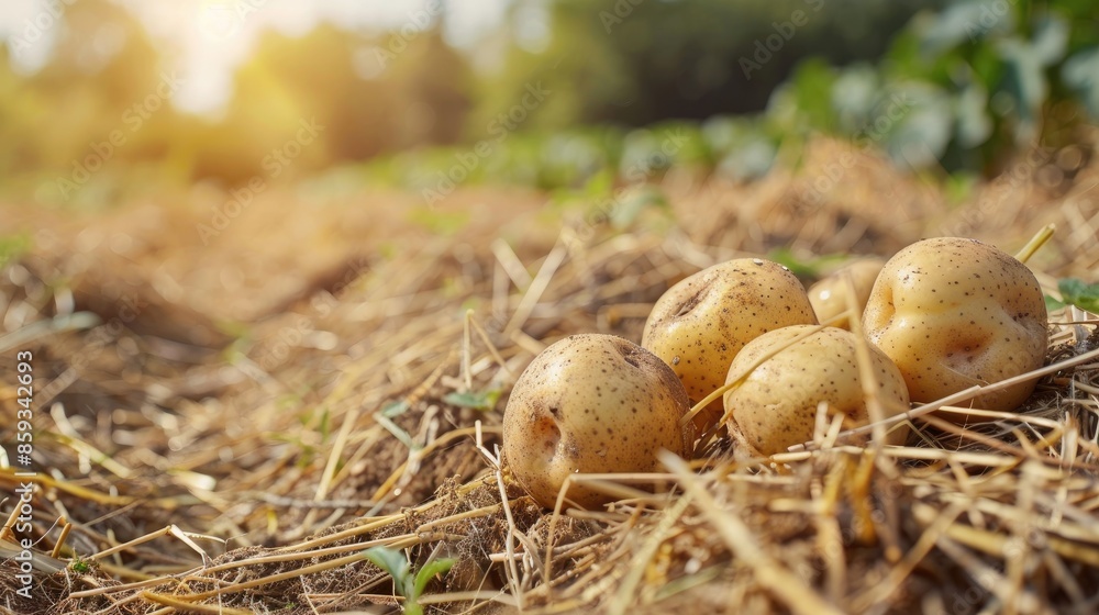 Selective focus organic potatoes with straw mulch blurred background copy space Selective focus organic potatoes with straw mulch blurred background copy space