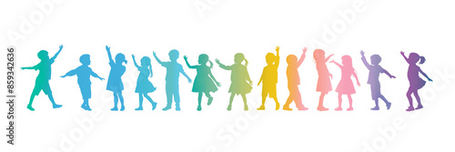 Nice, colorful horizontal banner or decorative strip with kids silhouettes in rainbow colors, happy mindset, children in summer vacation atmosphere, joyful cheerful smiling friends at birthday party