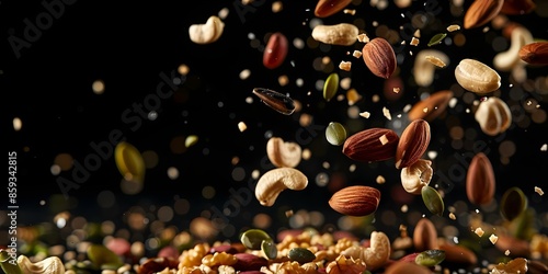 Healthy Diet Selection Assorted Nuts and Seeds Falling on Black Surface. Concept Healthy Eating, Nuts and Seeds, Food Photography, Black Background, Nutrition