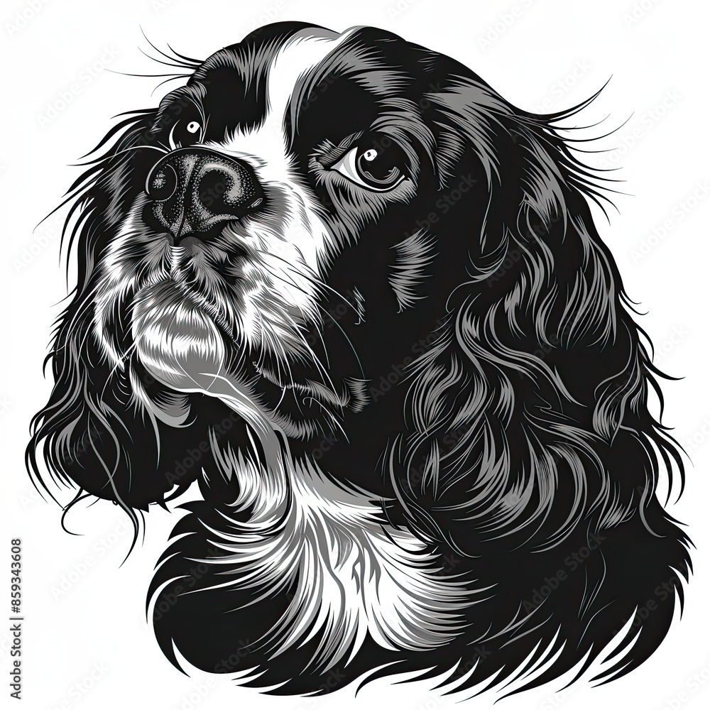 A black and white drawing of a Cavalier King Charles Spaniel dog A black and white drawing of a Cavalier King Charles Spaniel dog