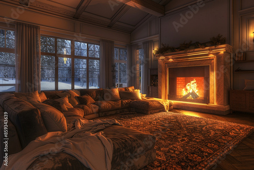 A cozy living room with a large, overstuffed sofa, a soft area rug, and a roaring fireplace. photo