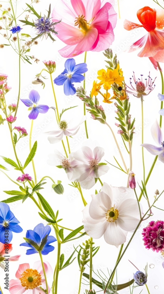 Obraz premium Colorful assorted flowers on a white background, botanical photography. Nature and spring concept