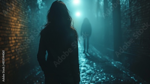 A mysterious silhouette of a woman standing on a misty, dimly lit alleyway with a distant, mist-shrouded figure in the background, invoking feelings of intrigue and suspense.