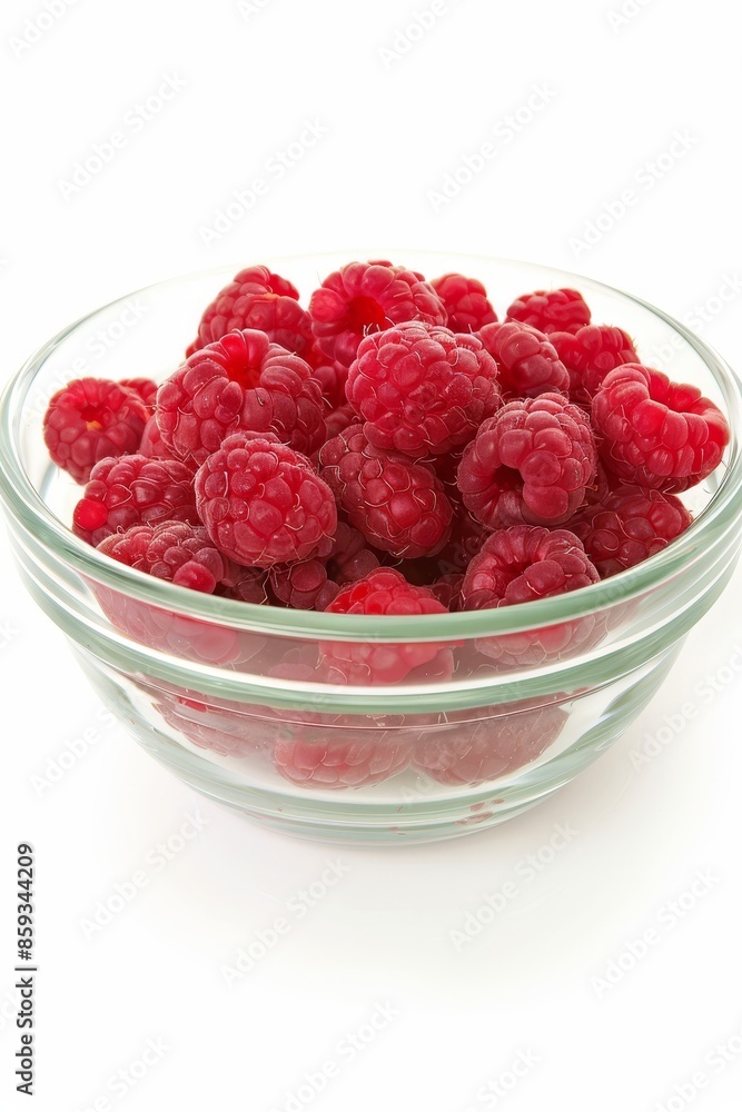 Fresh and ripe raspberries in a clear glass bowl on a white background. Fresh and ripe raspberries in a clear glass bowl on a white background.