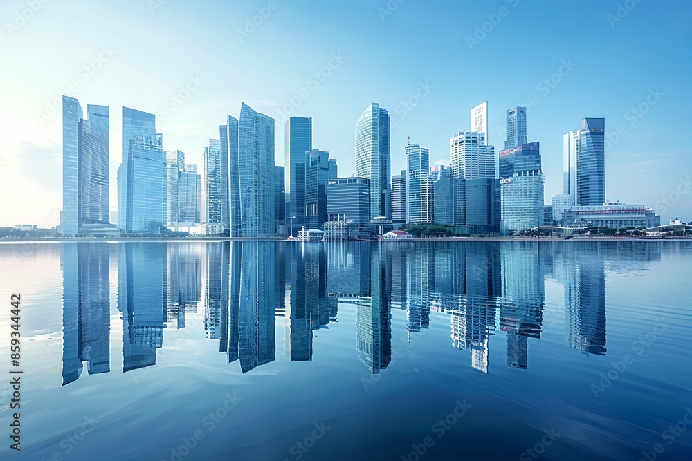 Modern city skyline with skyscrappers and reflection created with Generative AI Modern city skyline with skyscrappers and reflection created with Generative AI