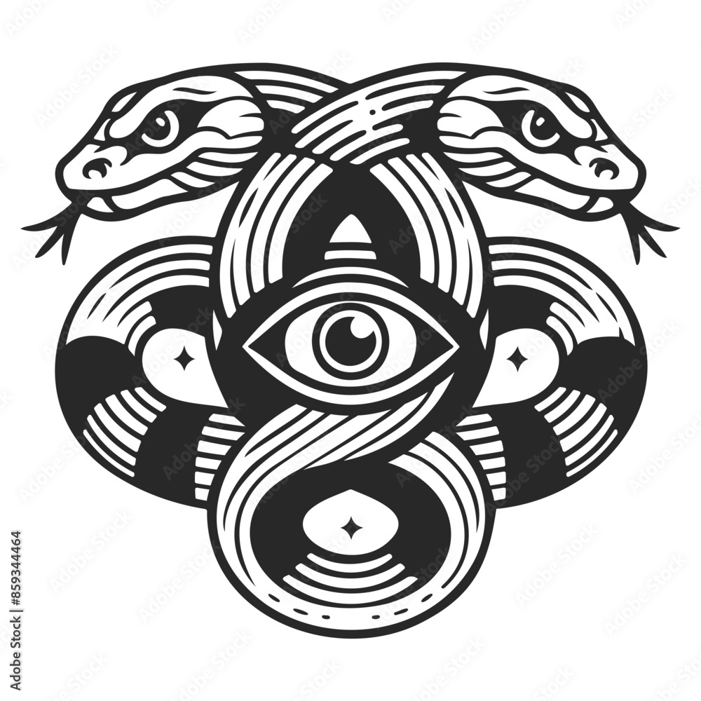 Two intertwined snakes with an all-seeing eye. Two intertwined snakes with an all-seeing eye.