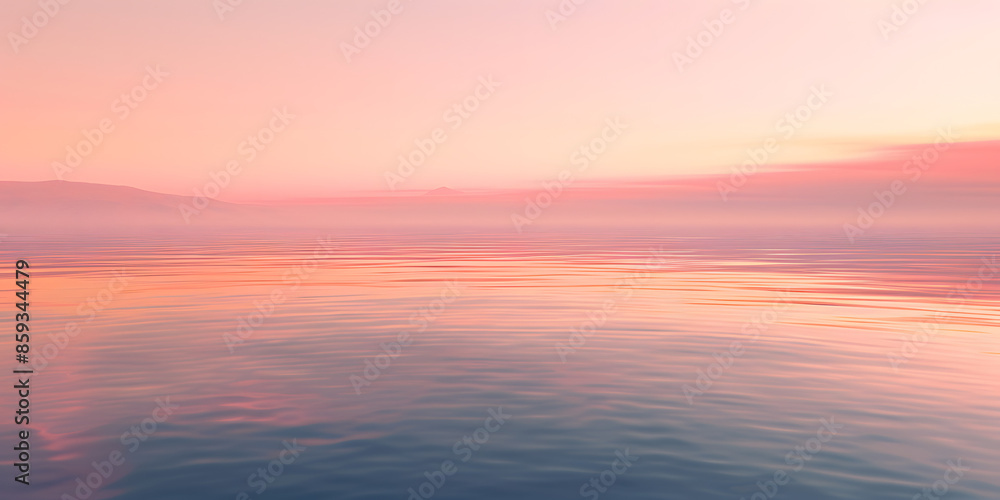 Fototapeta premium Aesthetic 3D visualization of a calm lake at sunset, with soft reflections and a gradient from pink to orange, creating a peaceful mood
