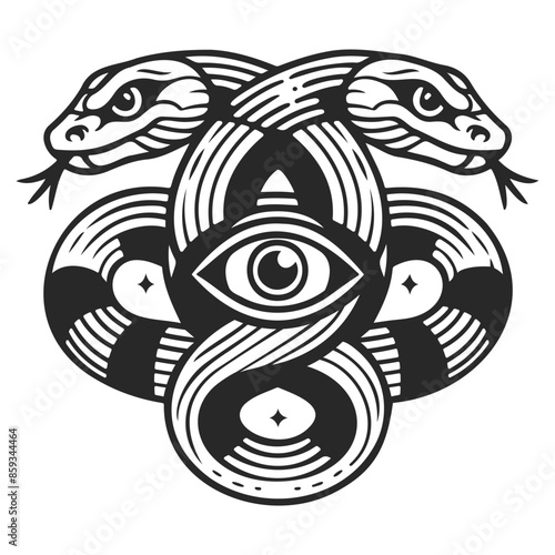 Two intertwined snakes with an all-seeing eye.
