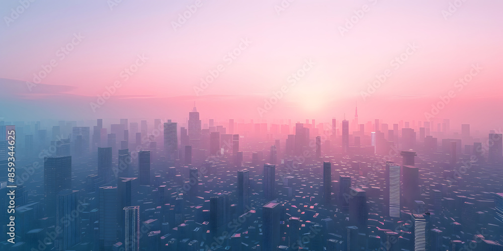 Aesthetic 3D visualization of a minimalist city skyline at dawn, with soft gradients from twilight blue to morning pink, creating a calm and serene atmosphere Aesthetic 3D visualization of a minimalist city skyline at dawn, with soft gradients from twilight blue to morning pink, creating a calm and serene atmosphere