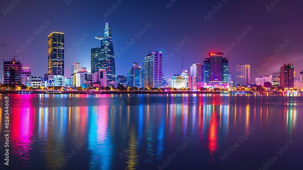 Awesome Ho Chi Minh City skyline Night view of skyscrapers and other highrise buildings at downtown of Ho Chi Minh City Vietnam Colorful city lights reflected in water of the Saigon Ri : Generative AI Awesome Ho Chi Minh City skyline Night view of skyscrapers and other highrise buildings at downtown of Ho Chi Minh City Vietnam Colorful city lights reflected in water of the Saigon Ri : Generative AI