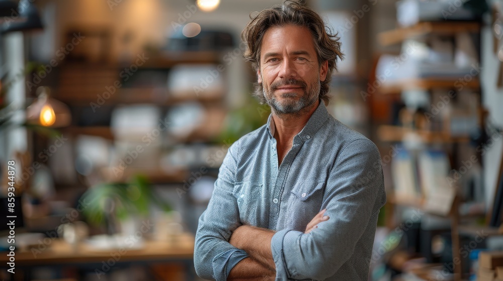 Obraz premium A bearded man stands confidently with arms crossed in a cozy, well-lit living room filled with plants and modern decor, exuding warmth and a relaxed demeanor.
