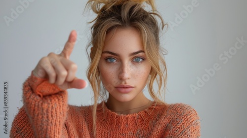 A woman in an orange sweater points directly at the camera, wearing a confident expression that exudes strength and self-assurance, against a plain, bright backdrop. photo