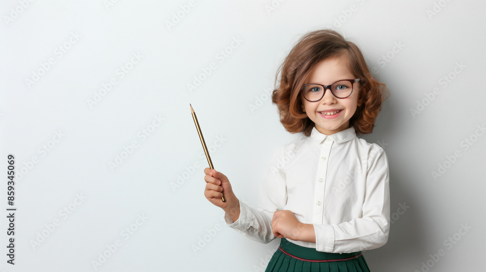 A young smiling girl in glasses stands at a school board and points to an empty copy space for text with a pointer A young smiling girl in glasses stands at a school board and points to an empty copy space for text with a pointer