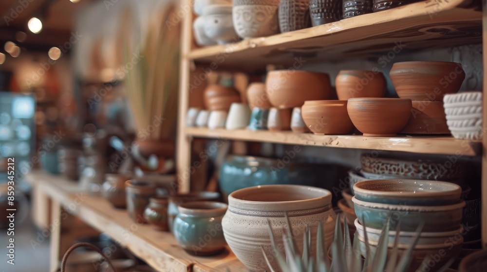 Display of pottery and ceramics in workshop showroom with close up of handmade clay items in craft store Assortment of clayware in small business Display of pottery and ceramics in workshop showroom with close up of handmade clay items in craft store Assortment of clayware in small business